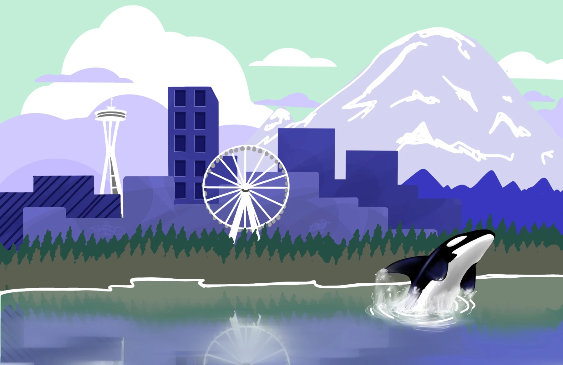 Seattle skyline in purples with an orca leaping from the water