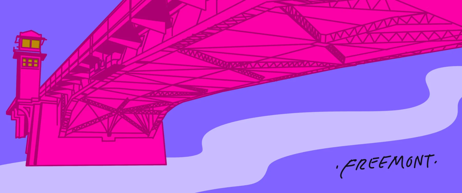 Flat illustration of the Fremont Bridge in hot magenta over lilac water, signed Fremont