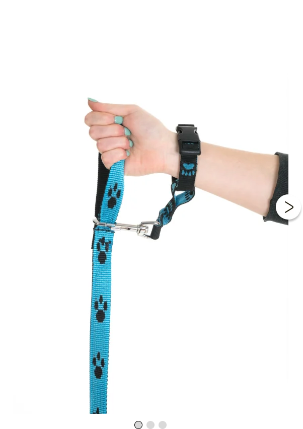 A hand wearing the Wrist Walk strap attached to a blue paw print leash
