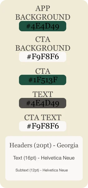 REI color tokens: app background 4E4D49, CTA background F9F8F6, CTA 1F513F, with Georgia headers and Helvetica Neue text