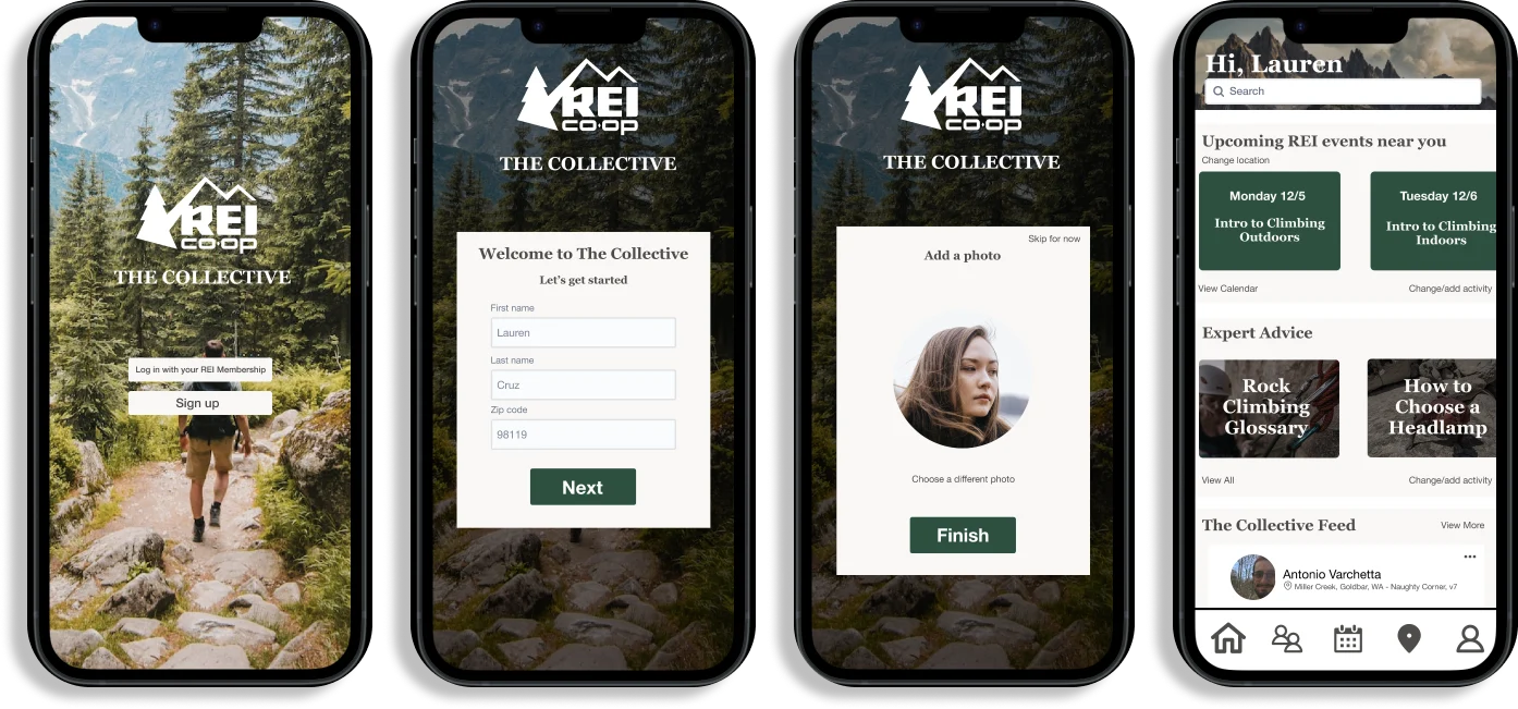 Four phone screens from the REI Collective prototype